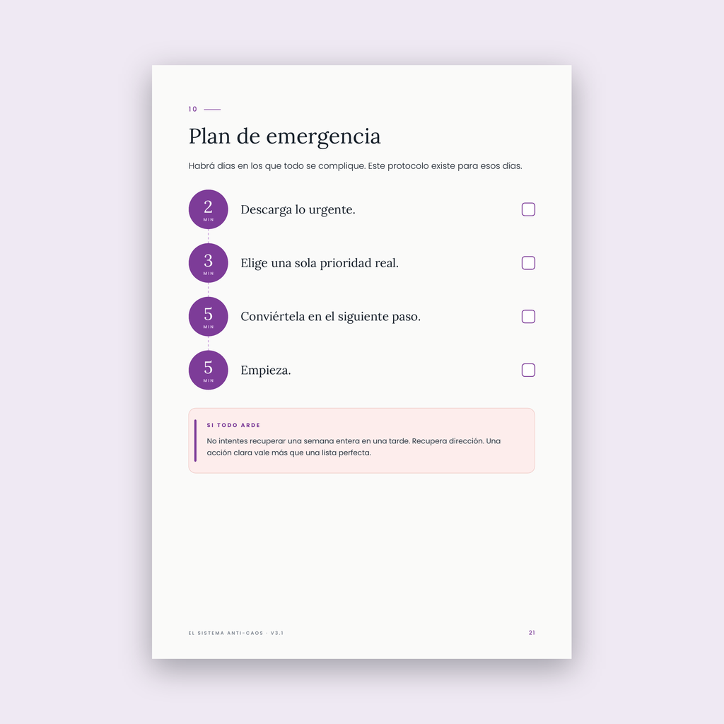 Página del plan de emergencia del ebook El Sistema Anti-Caos